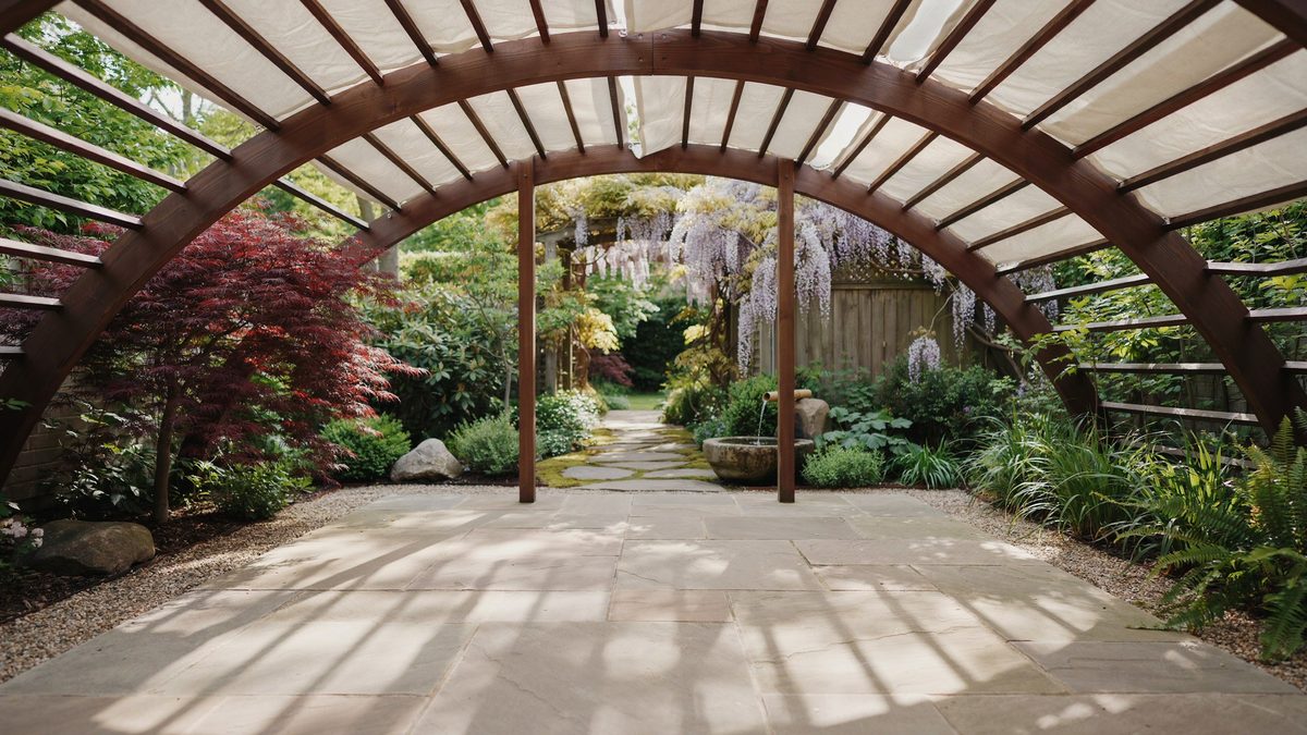 Arched timber pergola tunnel with wisteria above a wide concrete path