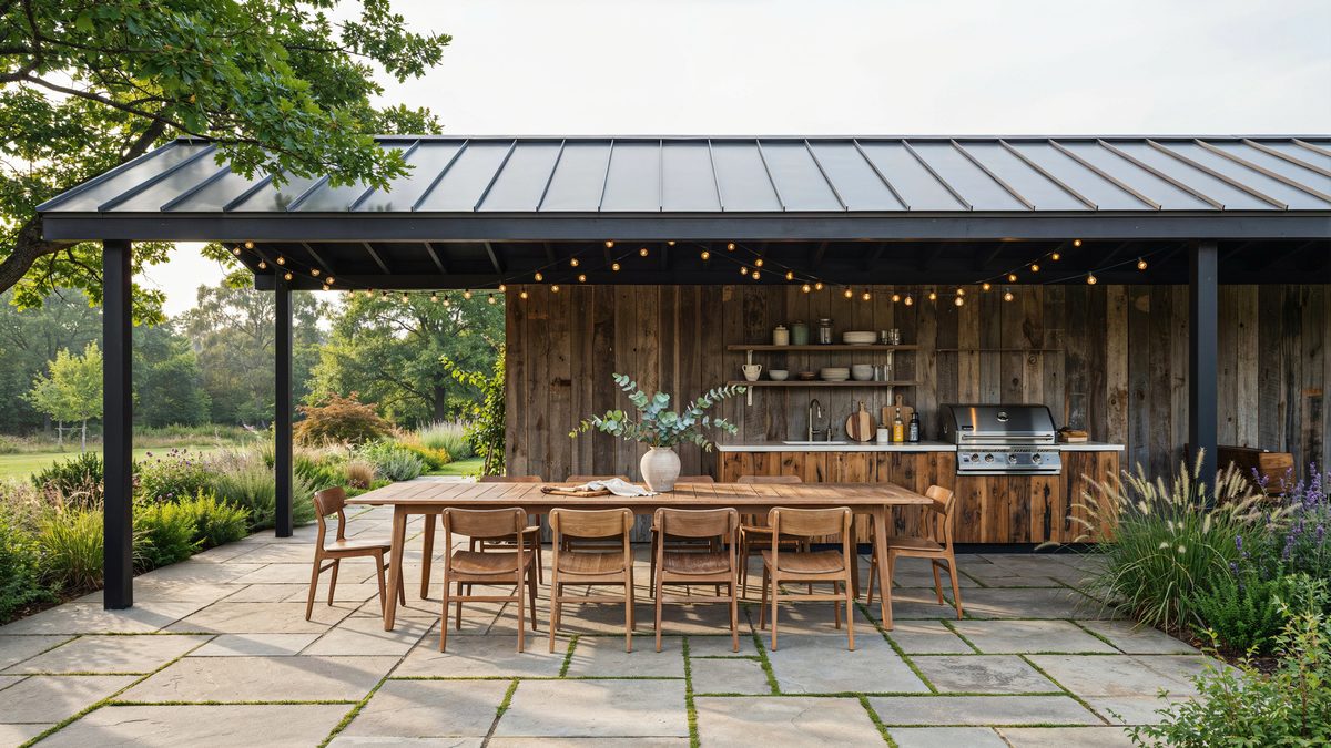 Metal roof pergola with barn wood wall, grill and long dining table