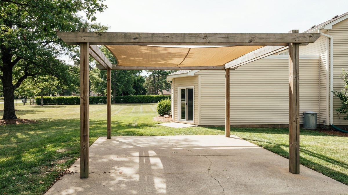 Freestanding wood pergola with a tan shade sail beside an open lawn