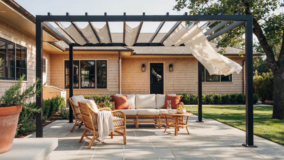Black pergola with retractable fabric panels over a wicker seating group