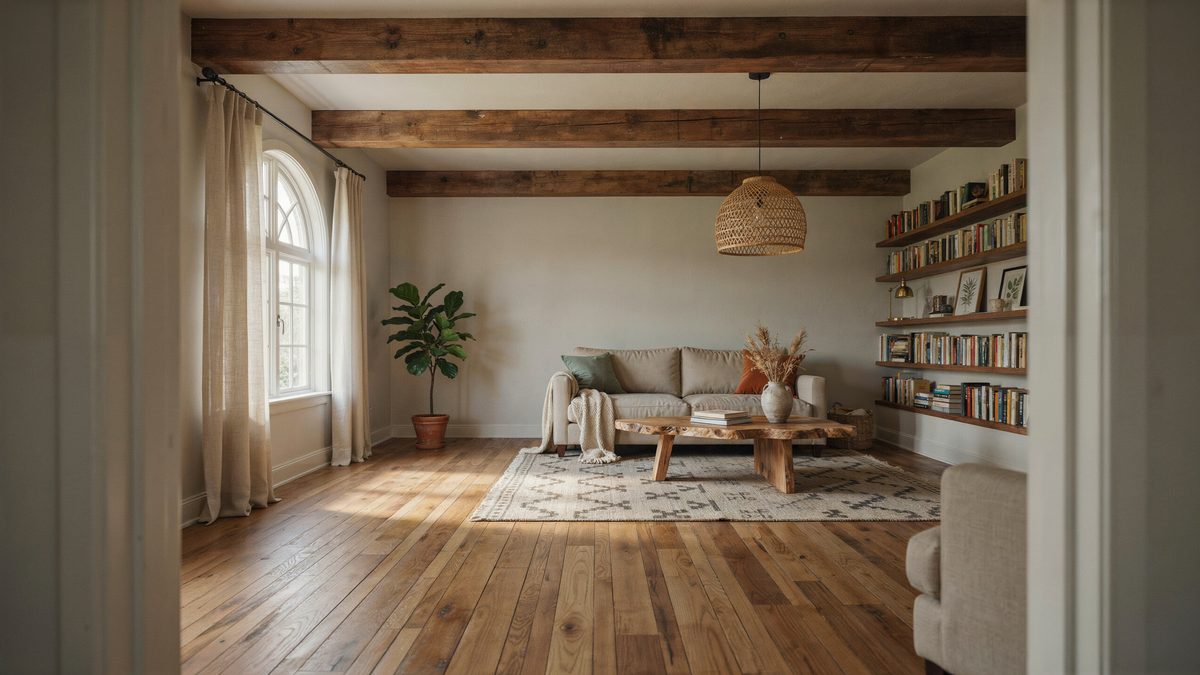 Open living room with wide hand scraped oak planks under a beamed ceiling