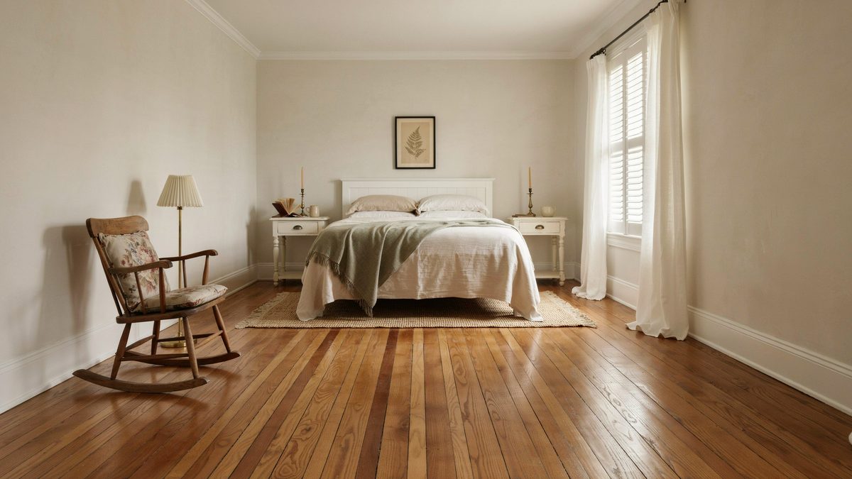 Colonial bedroom with a rocking chair on knotty cypress floorboards