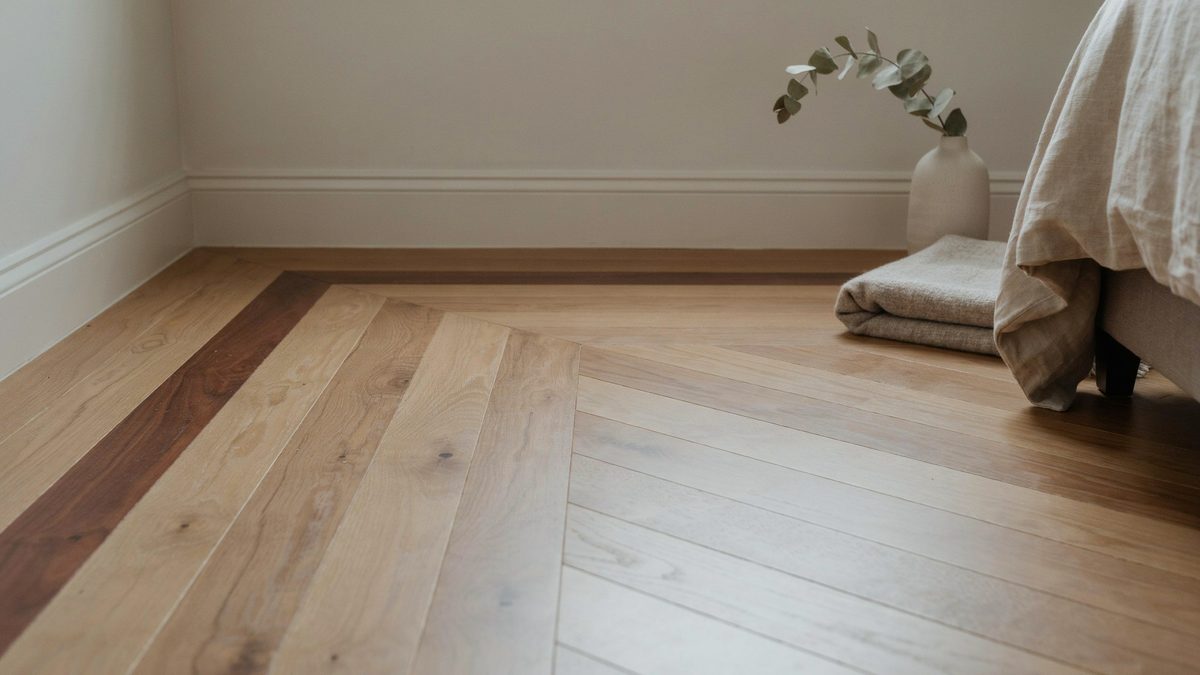 Bedroom floor with a dark jatoba border framing lighter oak boards