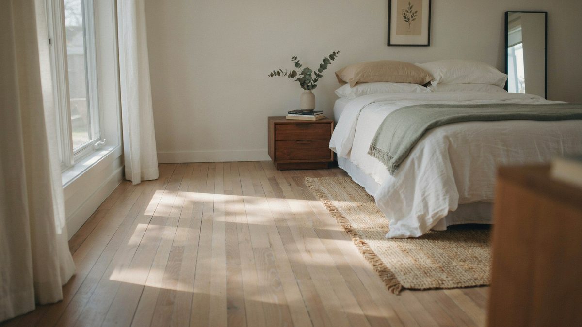 Sunlit bedroom with creamy maple floorboards and a linen dressed bed