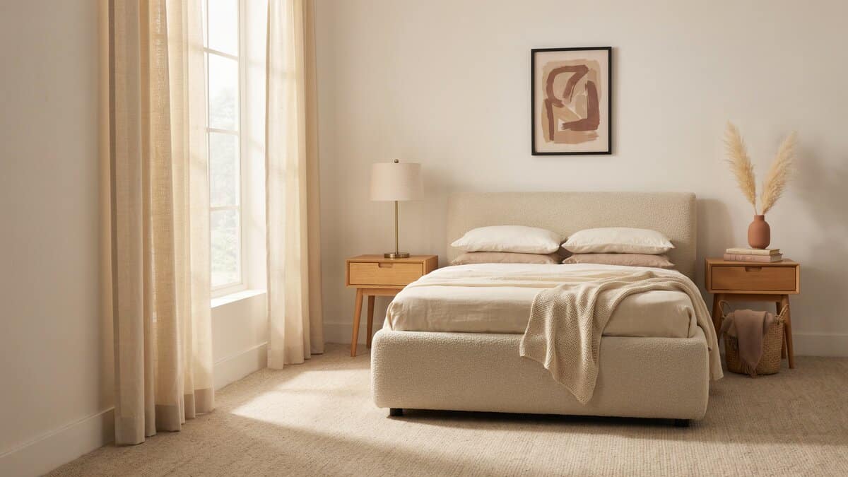 Textured beige wall to wall carpet in a calm contemporary bedroom