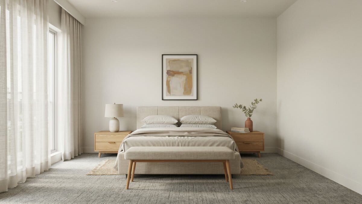 Soft gray twist cut carpet running wall to wall in a simple bedroom