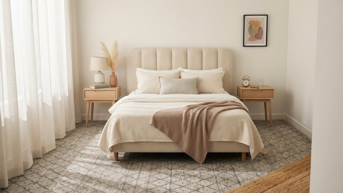 Patterned wool carpet in a bedroom with an upholstered headboard and layered bedding