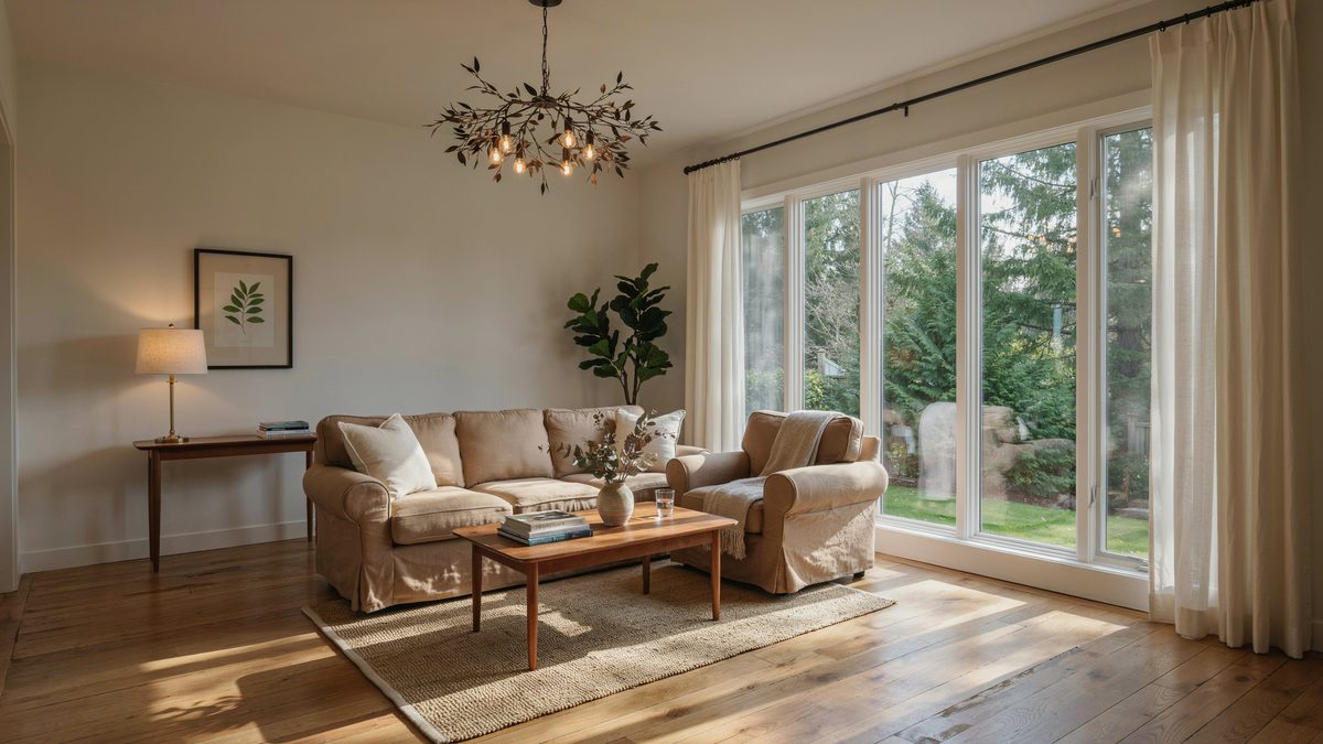 Branch shaped chandelier with tiny bulbs over tan seating facing a wide garden window