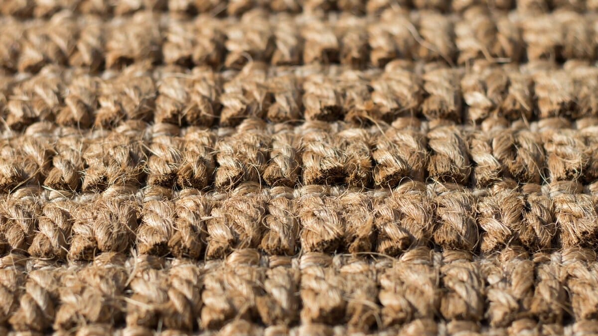 Coarse coir carpet fibers in close up showing the bristly coconut husk weave