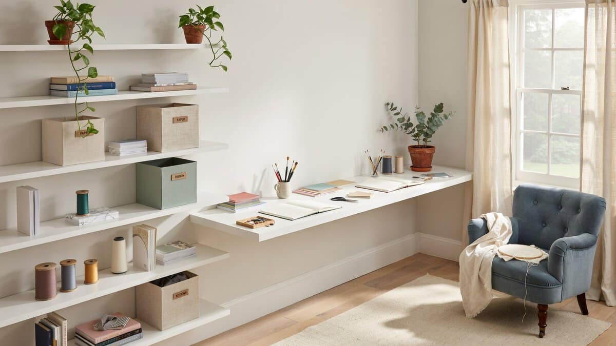 Contemporary craft room with a long white scrapbooking desk, open shelving with storage bins and a blue tufted chair