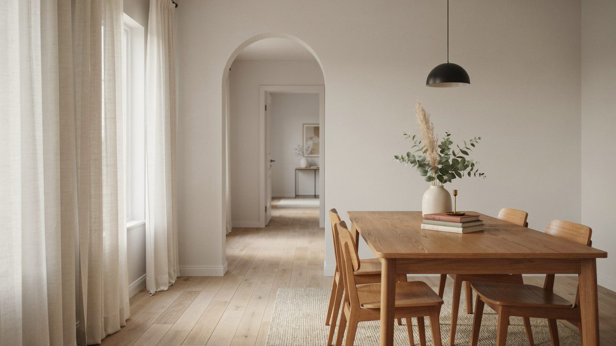 Dining room with an arched doorway and pale ash boards underfoot