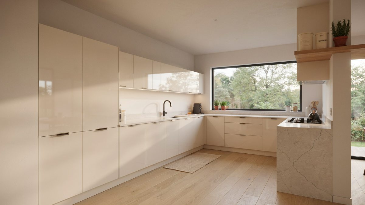 Glossy cream acrylic cabinets with edge pulls and a stone peninsula