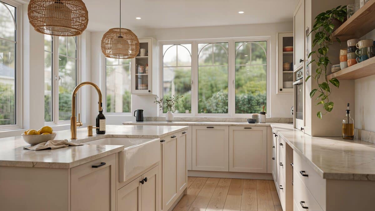 Gold faucet over farmhouse sink with cream quartz counters and bay window