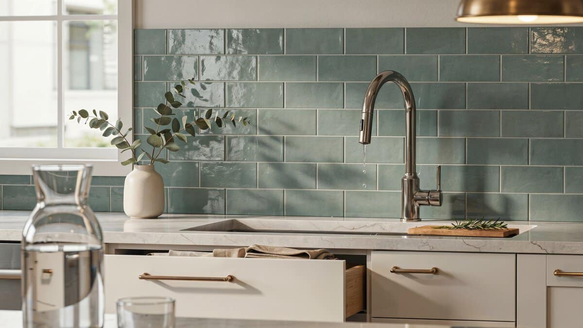 Stainless steel faucet against spa green subway tile and marble counter