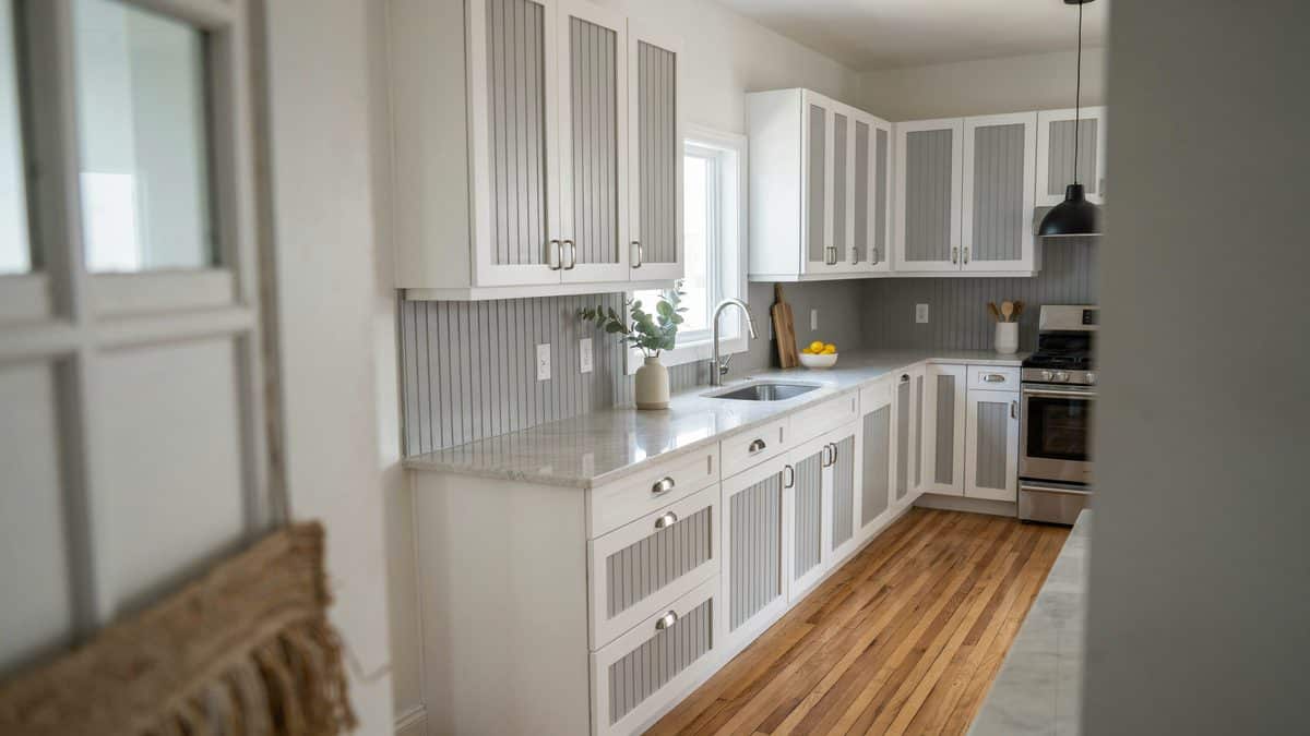 White cabinet frames with gray beadboard panels above warm bamboo plank flooring