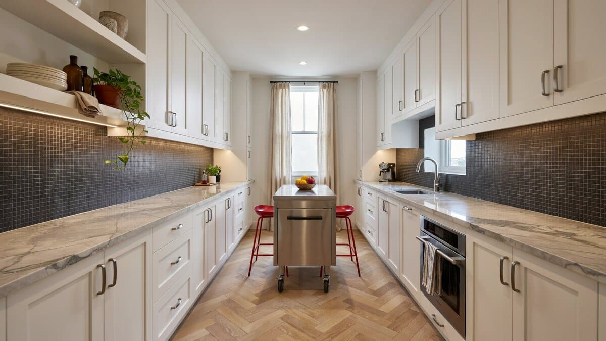 Galley kitchen with dark mosaic tile, a rolling stainless island and two red stools