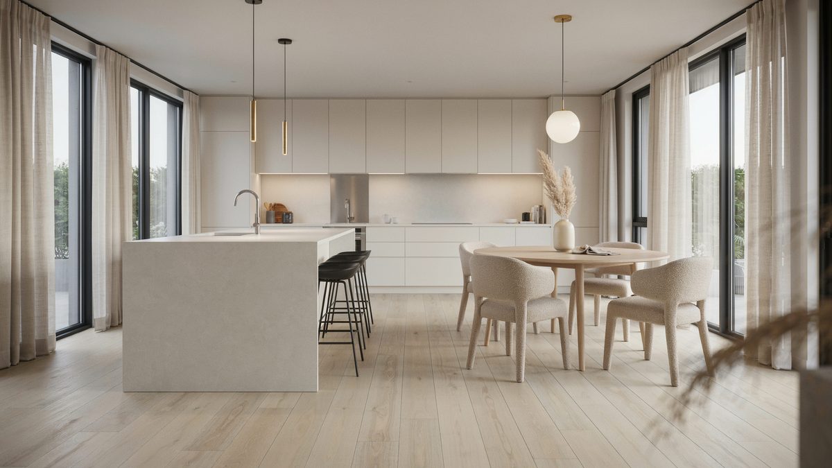 Modern white kitchen with tall windows and pale wide oak plank floors