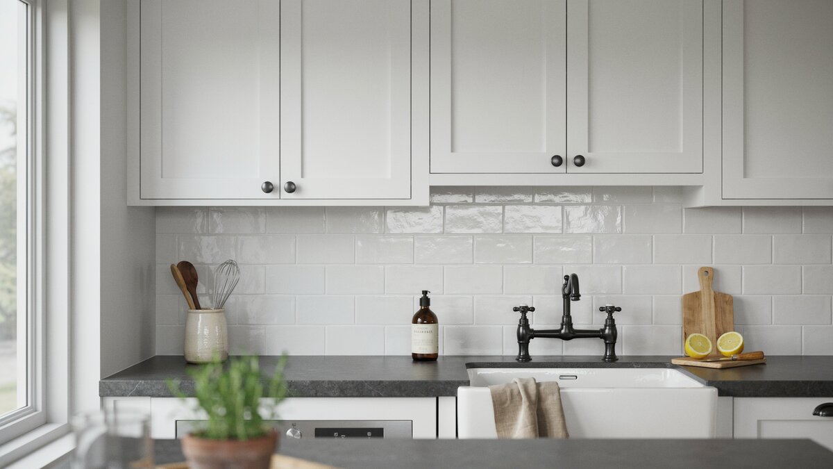 Raised panel doors with a dark counter, glazed subway tile and a black bridge faucet