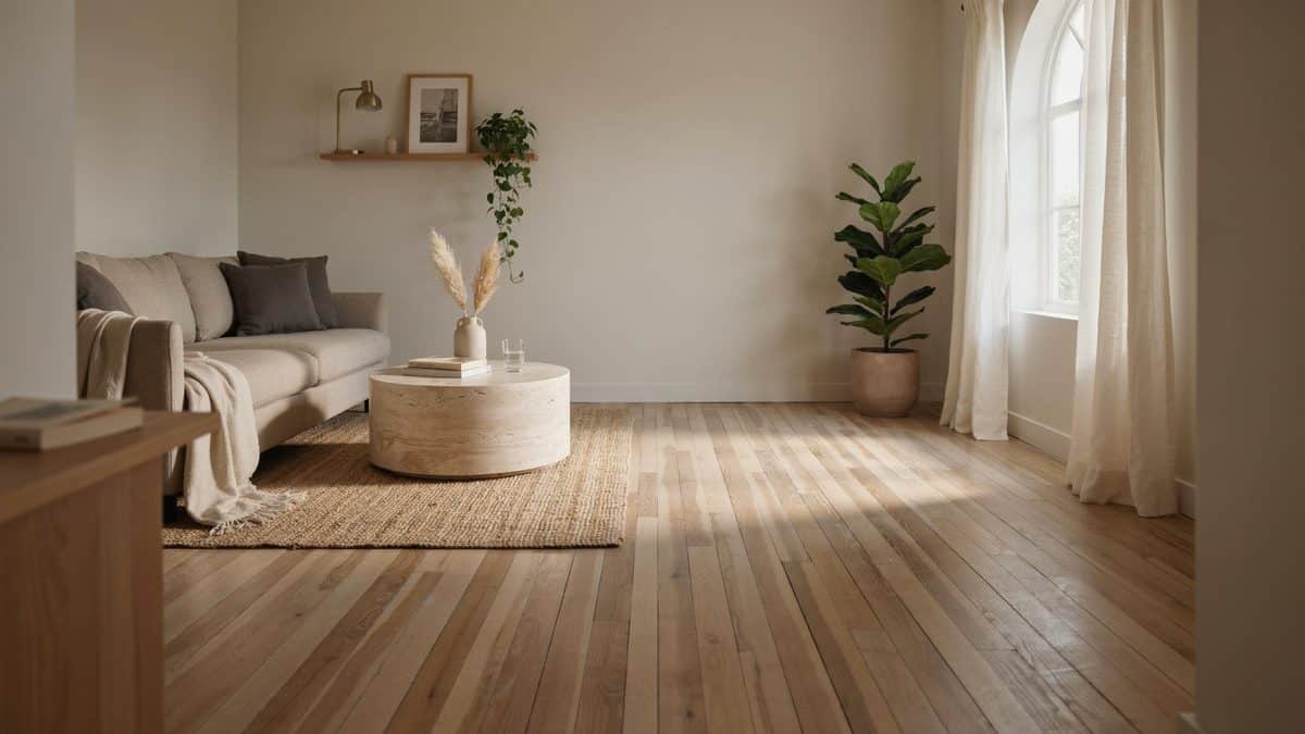 Pared back living room with fine grained bamboo planks and a round table