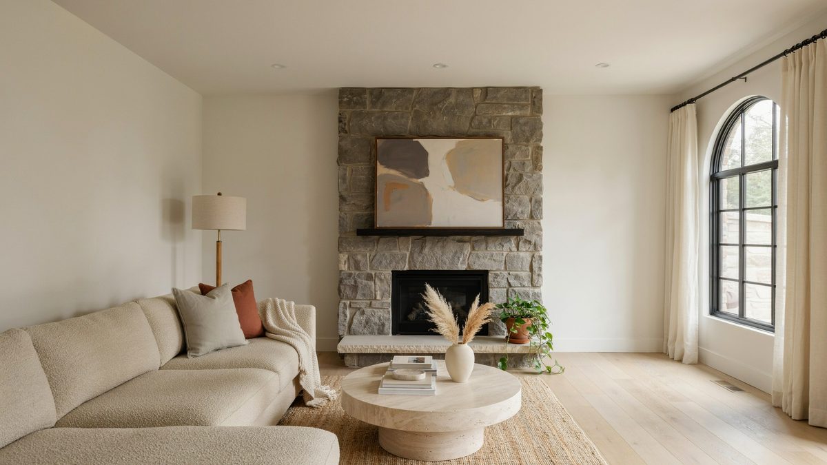 High ceilinged living room with a stone fireplace over light engineered planks