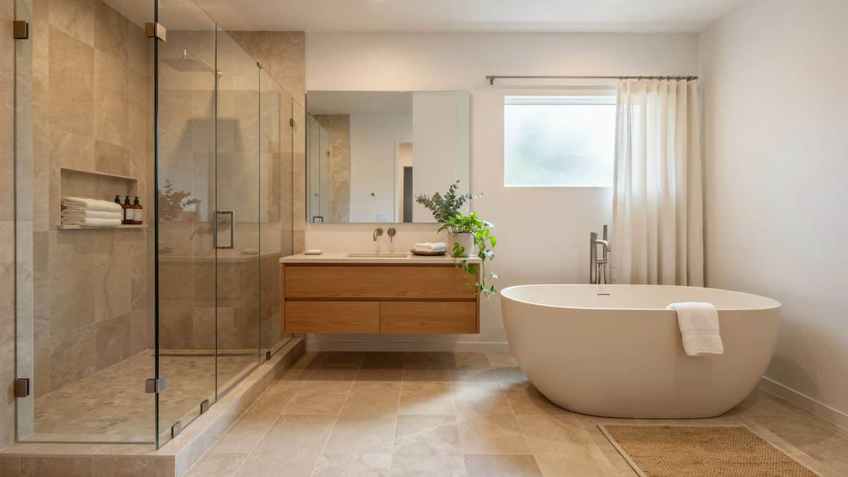 Beige cultured marble shower and floor beside a freestanding tub and oak vanity
