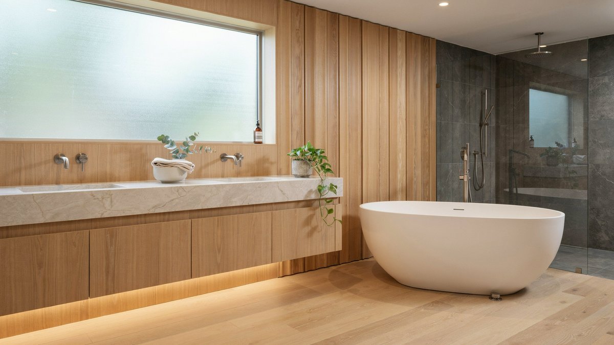 Wood paneled master bath with wall mounted faucets and freestanding oval tub
