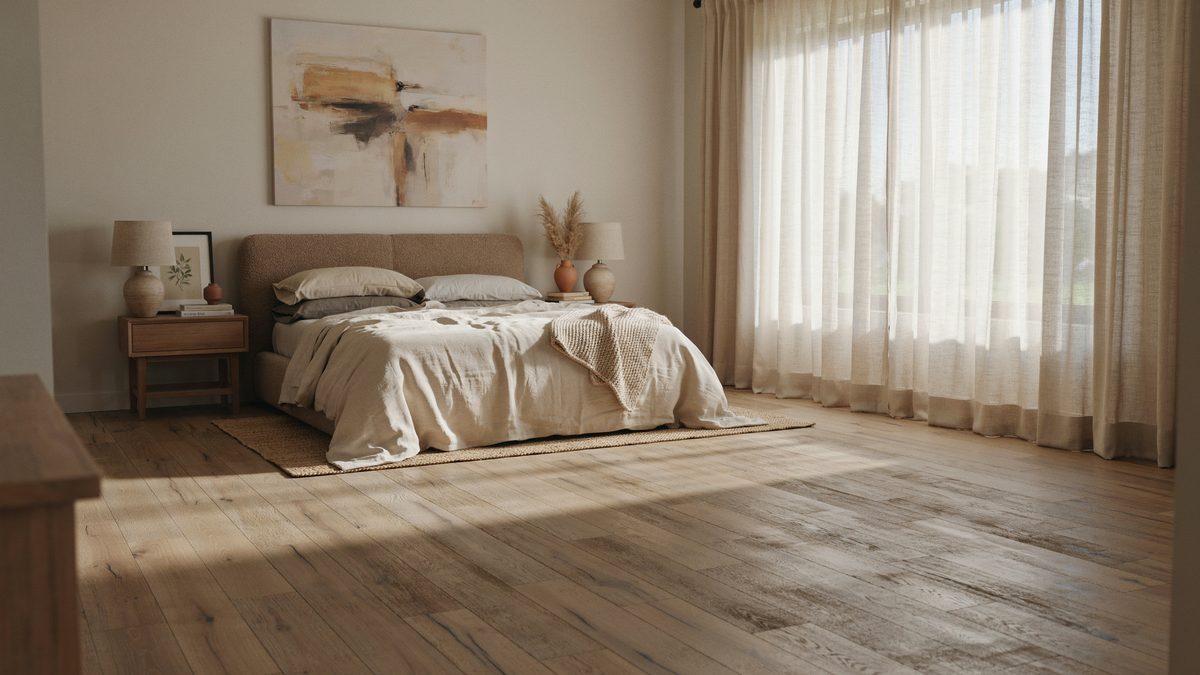 Bedroom with a low platform bed on textured hand scraped oak boards