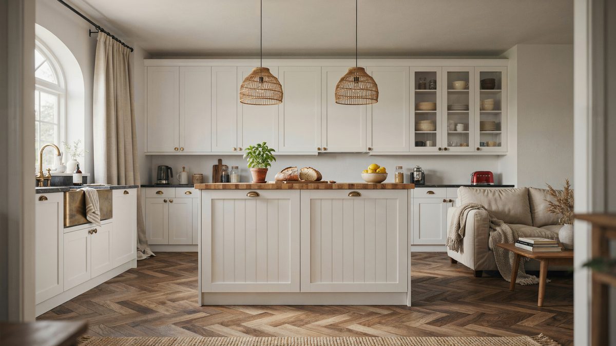 Beadboard island with woven pendants separates the cooking zone from a seating corner