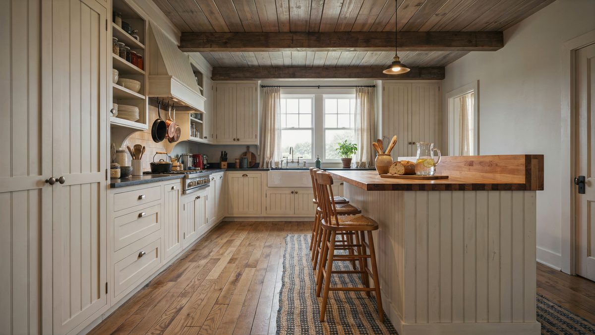 Two level breakfast bar with wood stools sits under a plank wood ceiling