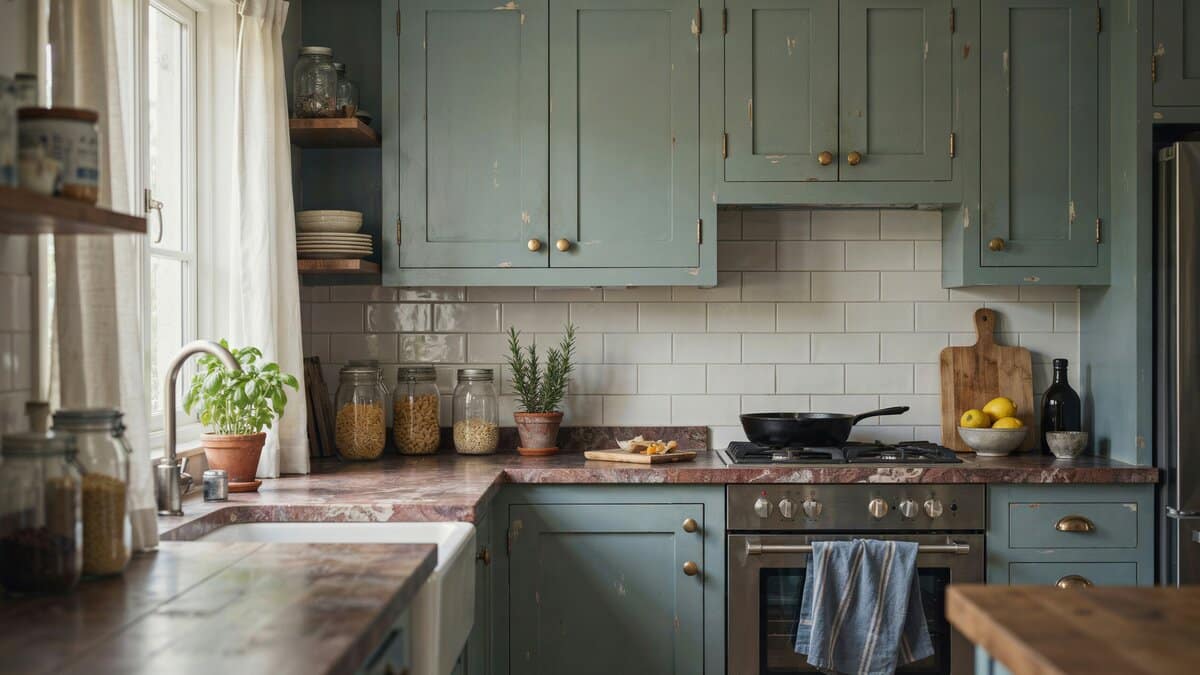 Country kitchen with green distressed cabinets and Typhoon Bordeaux granite counters