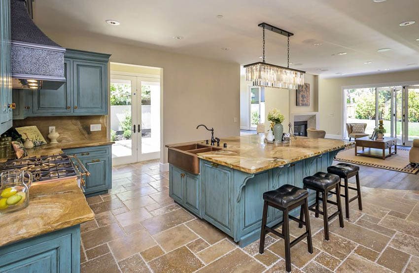 Country kitchen with green distressed cabinets typhoon bordeaux granite countertop