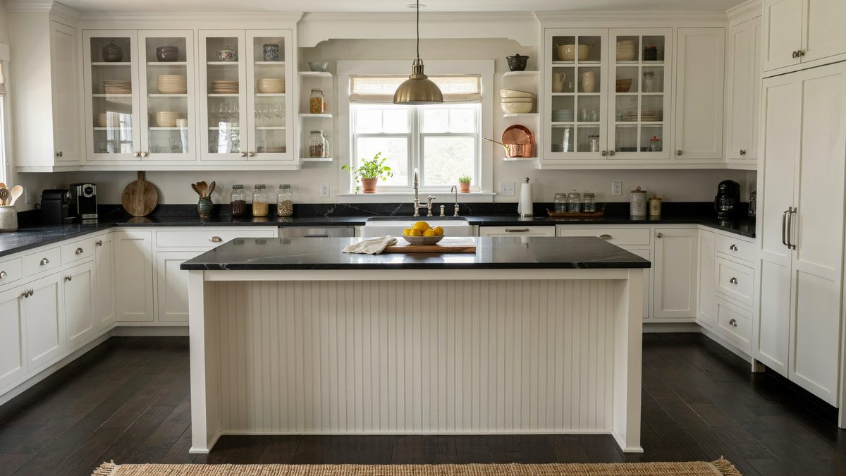Glass front upper cabinets above black granite counters and a white beadboard island