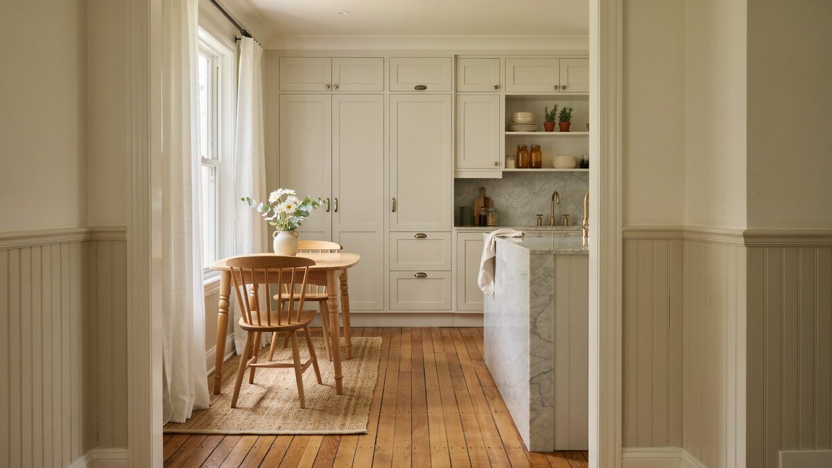 Country kitchen with marble counters, wood wainscot and a round dining table by the window