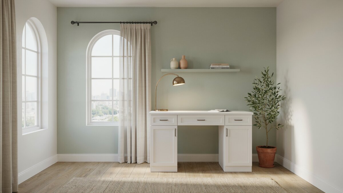 White craft desk with deep drawers and lower cabinets against a sage green wall