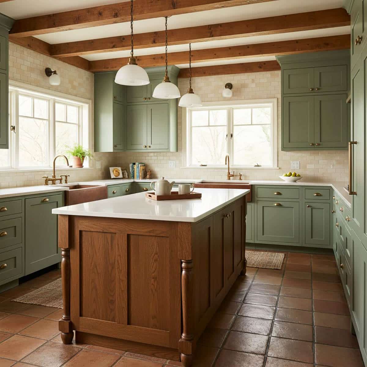 Craftsman palette mixes heritage details with an updated color story—sage cabinetry, a warm wood island, and simple handmade-look tile. Beams and schoolhouse lighting push it firmly into classic bungalow territory.