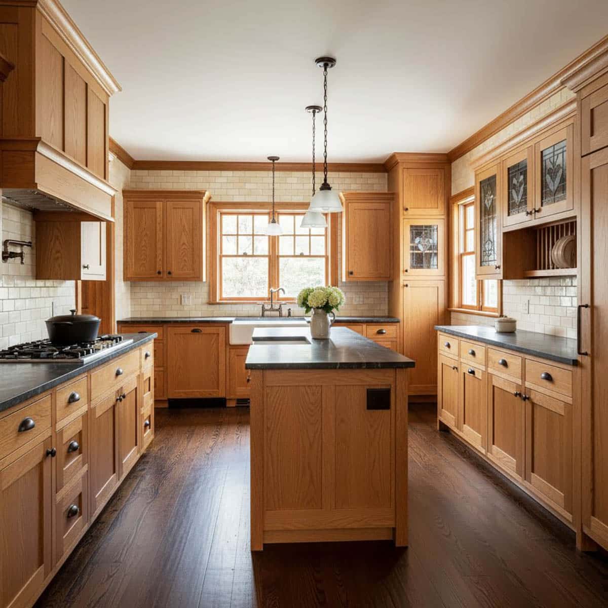 Timeless Craftsman look built around quarter-sawn oak and leaded glass uppers. Soapstone and a warm handmade subway backsplash keep it authentic, while oil-rubbed bronze hardware adds period-style contrast.