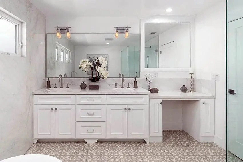 custom-bathroom-with-dual-sink-faucet-vanity-marble-walls-and-pattern-ceramic-floor-tile