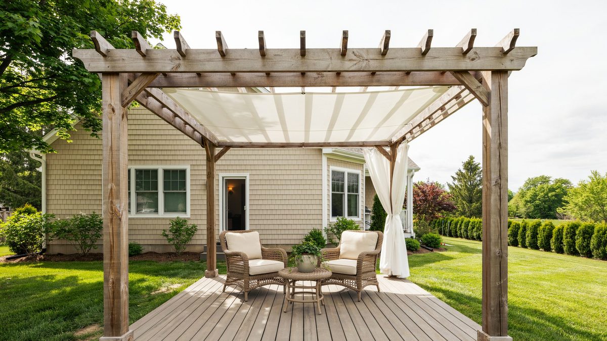 Wood deck pergola with white retractable canopy and a tied side curtain