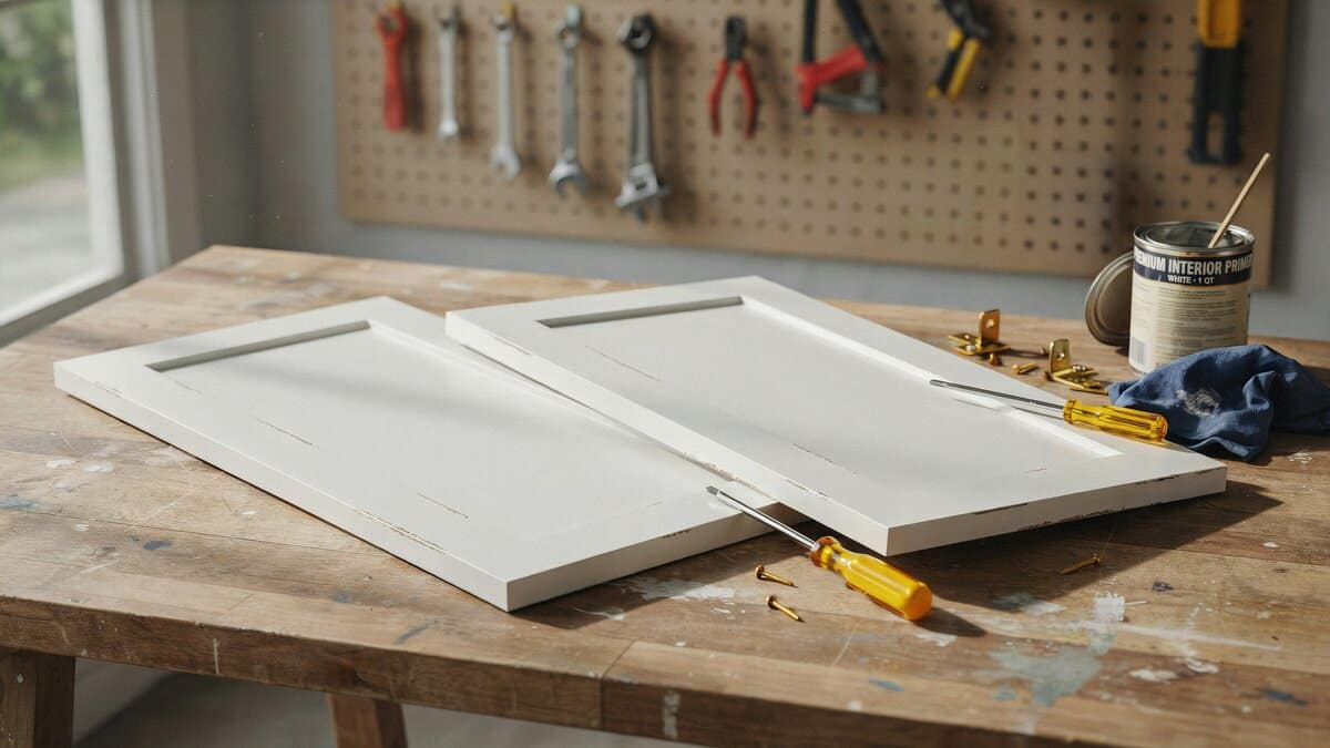 White shaker cabinet doors removed and laid flat with hinges and screwdriver on a workbench