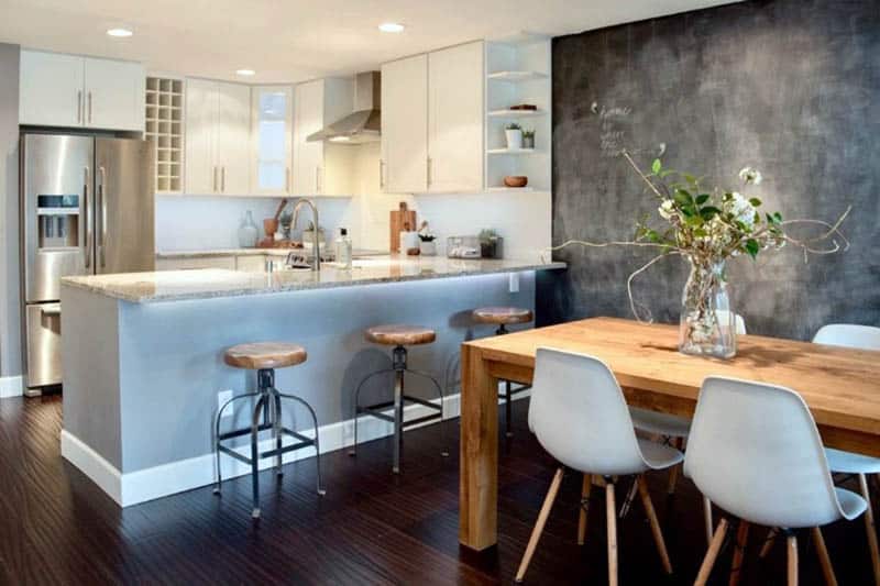 Dining room with black chalkboard wall and bar stools