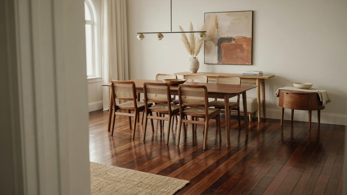 Dining room with cane back chairs on polished Brazilian walnut floors