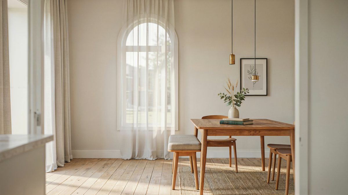 Pale golden distressed birch planks in a sunlit dining nook with arched window