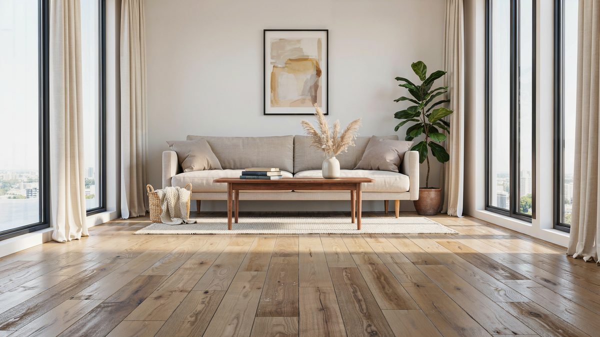 Warm wide plank distressed maple flooring spanning a bright window lined living room