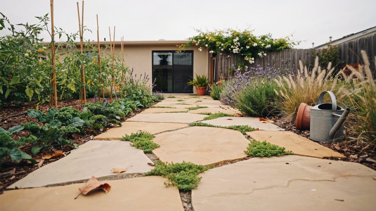 Tan stone walkway with low green ground cover growing between each piece