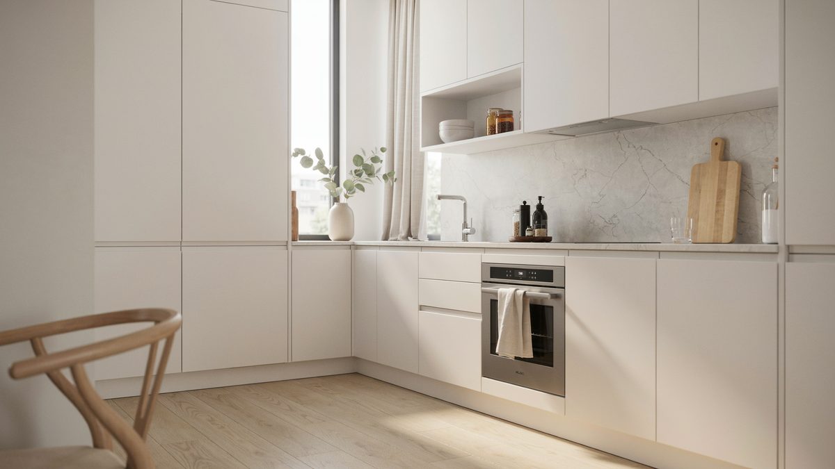 White thermofoil cabinets with recessed channel pulls and an open shelf niche