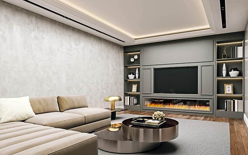 Basement with linear fireplace and built-in shelving with TV