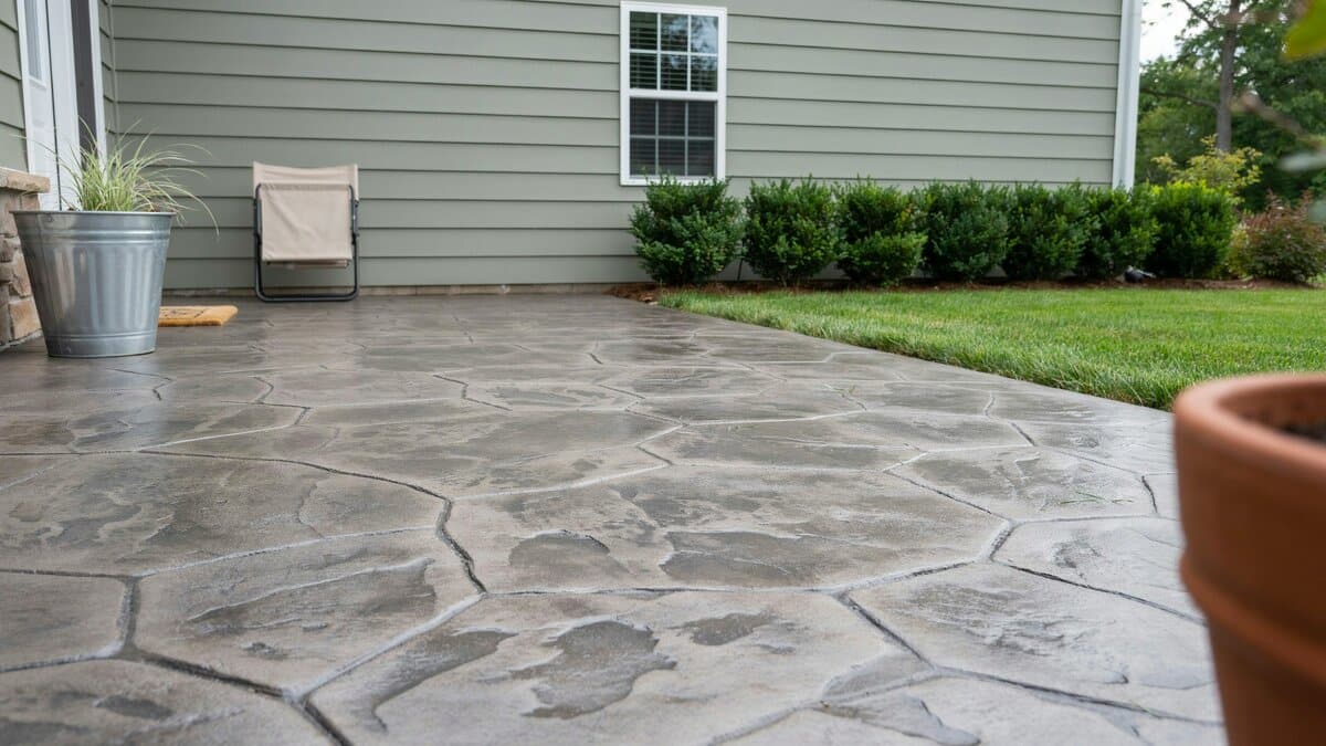 Stamped concrete textured to mimic large irregular basalt slabs in cool gray