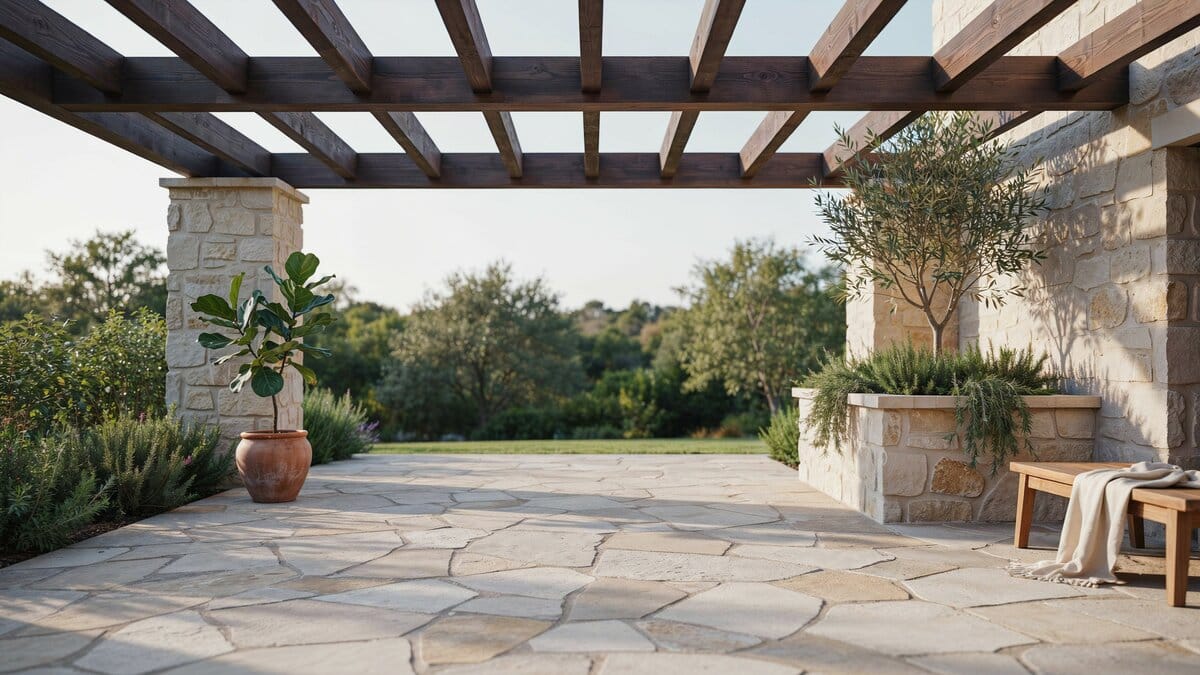 Limestone paved outdoor room under a dark stained pergola with stone clad posts