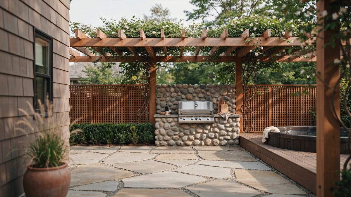Quartzite paving with a cobblestone grill counter, cedar lattice screens and hot tub deck
