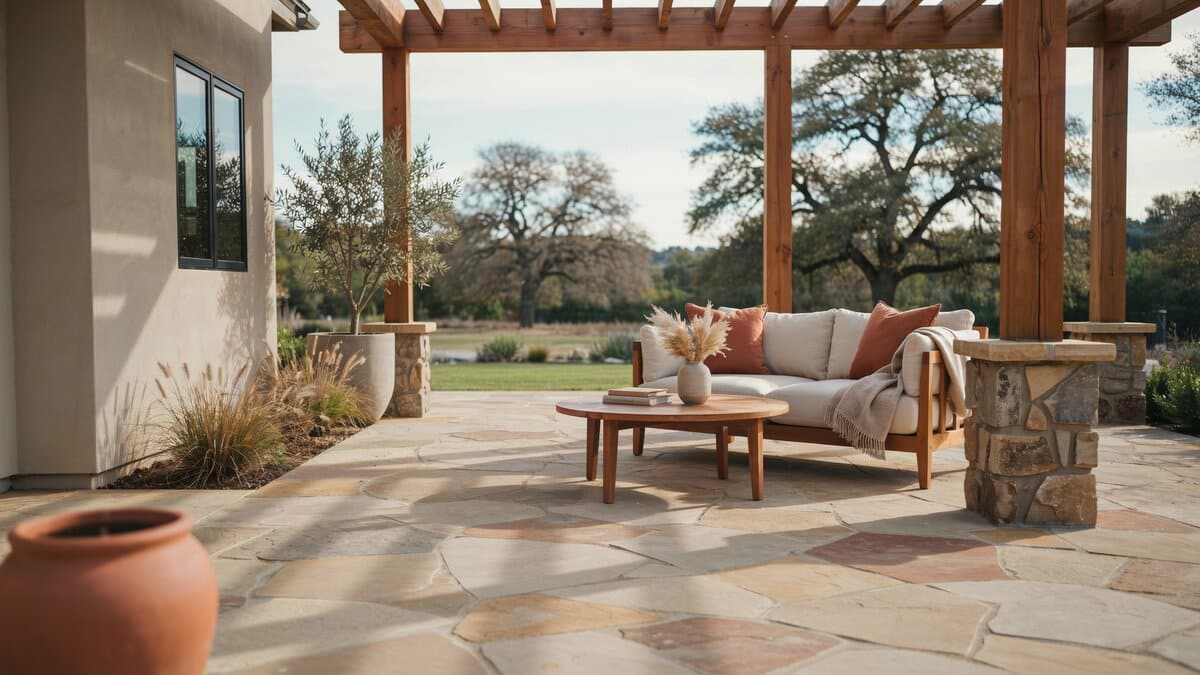 Rough sandstone paving under a timber pergola with stacked stone post bases